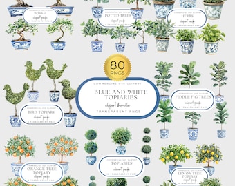 Chinoiserie Topiary Clipart Bundle: Blue & White Planters (PNG), 80 PNGs