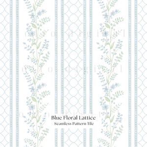 May include: A seamless pattern tile with a blue floral lattice design. The design incorporates vertical stripes with a light blue trellis pattern and floral vines with small blue flowers and green leaves. The text "Blue Floral Lattice Seamless Pattern Tile" is displayed.