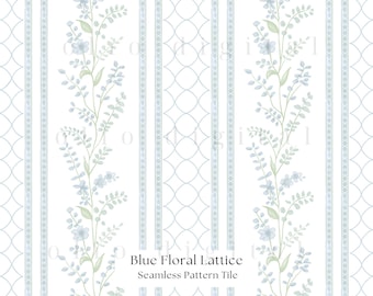 Blaue Blumenranke Musterdesign: Botanisches Digitales Papier Adrette Streifen (JPG 12 x 12 im Digital Download