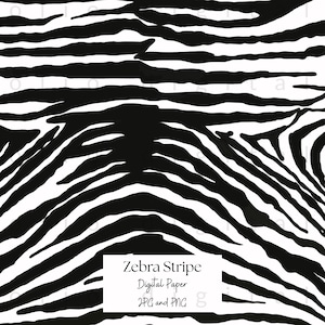 Puede incluir: Patrón de rayas de cebra en blanco y negro. El diseño presenta rayas negras audaces e irregulares sobre un fondo blanco. La imagen incluye el texto "Zebra Stripe Digital Paper JPG and PNG".