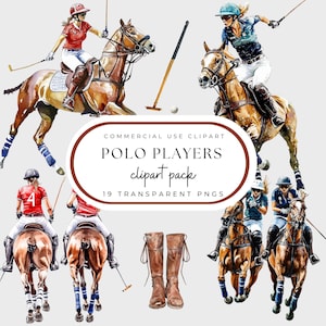 Imágenes PNG de polo, paquete de imágenes prediseñadas de jugadoras de polo y ponis, paquete de acuarelas, gráficos de partidos de polo femeninos, proyectos digitales, imprimibles