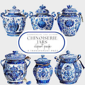 Chinoiserie-pot clipartpakket, blauwe en witte aquarel toileturn, gemberpot png, Grand Millennial-stijl, Grandma Chic, commercieel gebruik
