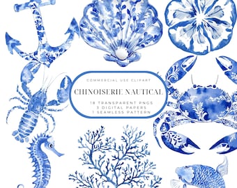 Chinoiserie Nautical Clipart • Blue & White Coastal PNGs • 3 Digital Papers, 1 Seamless Pattern •  Ocean Graphics