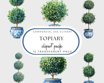 Chinoiserie Topiary Clipart: Blaue & weiße Pflanzen (PNG)