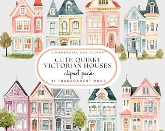 Cute Quirky House Clipart Pack, Pastel Victorian Watercolor Houses, Whimsical Tiny House Graphics, Digital Clipart, Commercial Use