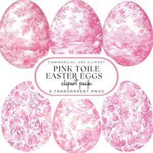 Clipart de acuarela de huevos de Pascua en toile rosa / Clipart chinoiserie de vacaciones de primavera / Gran estilo milenial / Huevos de Pascua en toile rosa preppy
