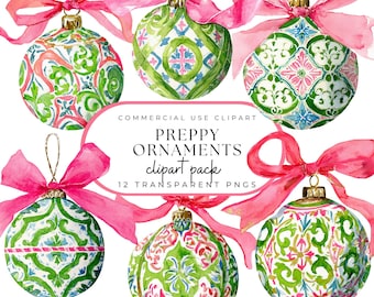 Watercolor Preppy Christmas Clipart: Pink, Green Ornaments with Pink Bows (PNG Files, Commercial Use)