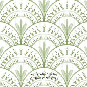 May include: A seamless watercolor pattern featuring a repeating design of green scallop shapes and floral elements on a white background. The text "Watercolor Scallop Seamless Pattern" is displayed at the bottom.