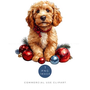 Weihnachtshund PNG, Goldendoodle Clipart, Weihnachtsaquarell-Hund, wunderlicher Welpe mit Verzierungen und Feiertagsdekor, kommerzielle Nutzung