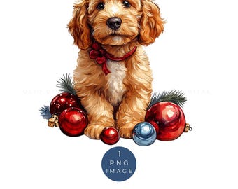 Goldendoodle de Natal PNG: Clipart de Cachorrinho em Aquarela (Download Digital)