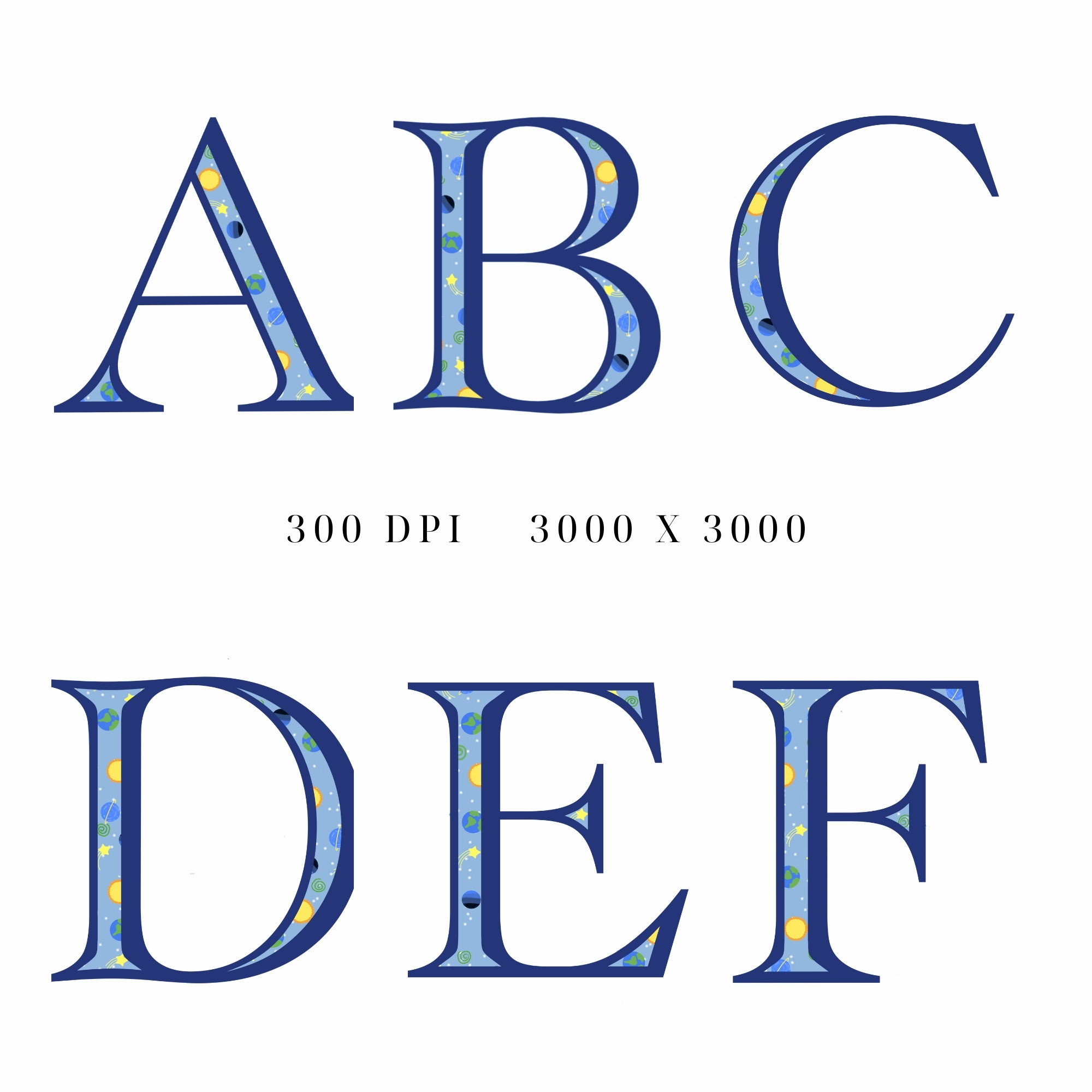 Alphabet Clipart: Space Themed Hand-drawn Planets, Stars (PNG Digital ...
