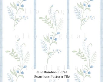 Blue Bamboo Floral Seamless Pattern: Botanical Digital Paper (JPG 12x12in Digital Download