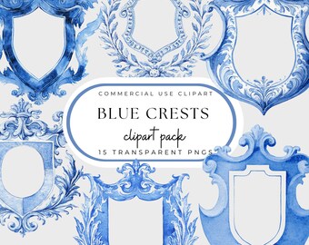 Chinoiserie Crest Clipart: Blue Crests PNG Pack (Commercial Use)