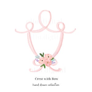 Pink Watercolor Crest with Bow and Flowers PNG, Chinoiserie Crest with Greenery Clipart, Grand Millennial Clipart, Wedding Crest PNG