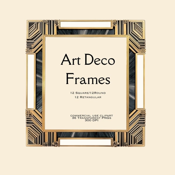 Roaring 20s, Art Deco Frames, Clipart, Black, Gold, Border, Great Gatsby, Roaring Twenties, Transparent PNG, Digital Designs, Invitations