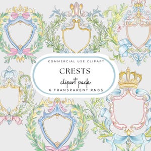 Crest PNG, Crest Chinoiserie com vegetação, Clipart de lápis de cor, Pacote de clipart Grand Millennial, Preppy PNG, Uso comercial