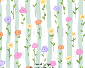 Floral Stripe Seamless Pattern: Botanical Digital Paper Preppy Stripe (JPG 12x12in Digital Download