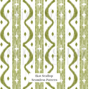 May include: A seamless pattern in olive green and white, featuring vertical stripes with wavy lines and diamond shapes. The text "Ikat Scallop Seamless Pattern" is displayed at the bottom of the image.
