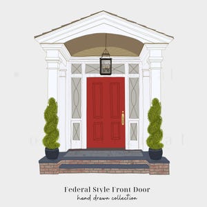 May include: A red front door with a white frame and a glass transom. The door has a simple design with four panels and a brass door handle. The door is surrounded by a white portico with a brown roof and two green bushes in pots.