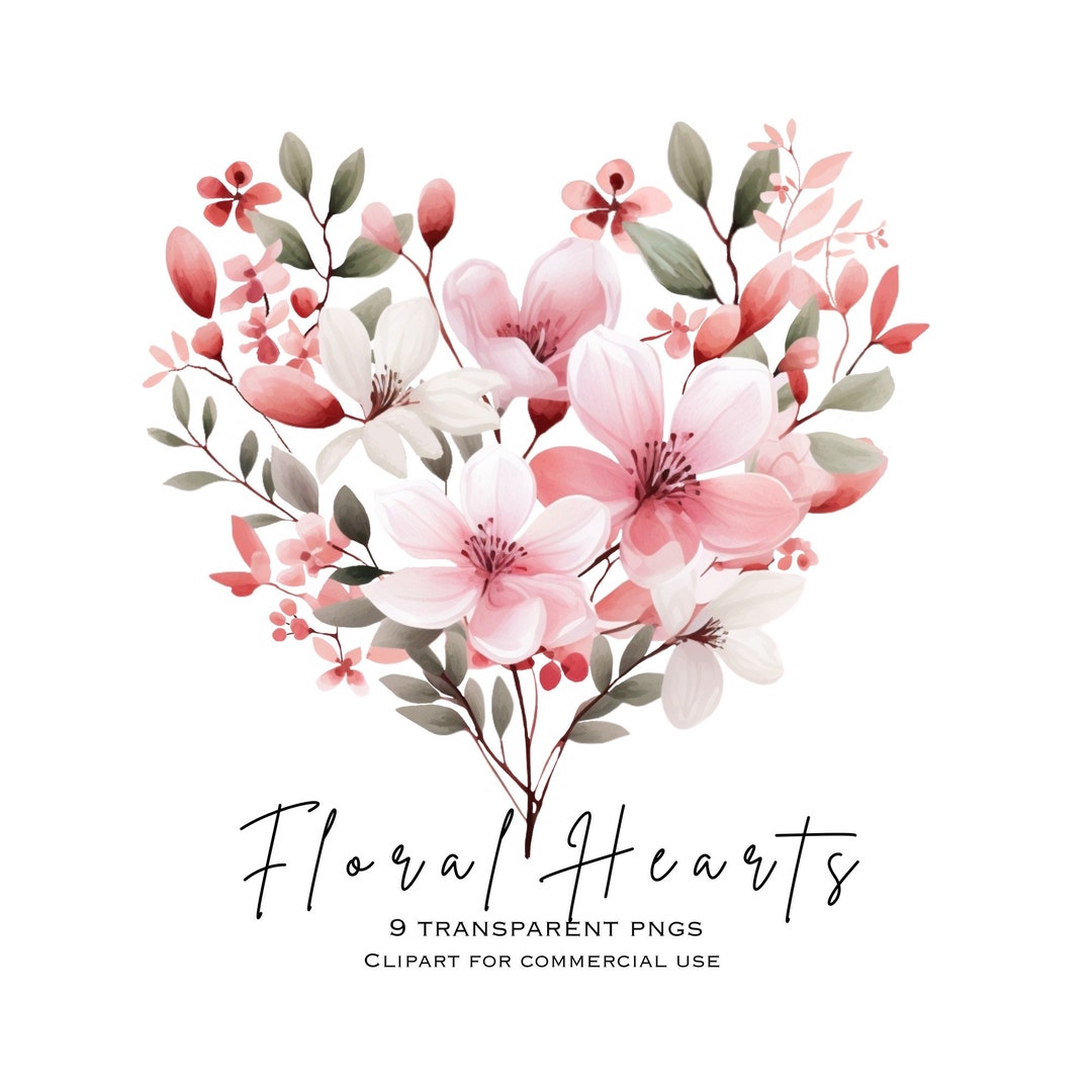 Watercolor Floral Heart Clipart: Pink Roses & Berries (PNG Digital ...
