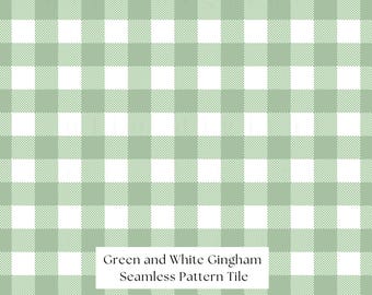 May include: A seamless pattern tile featuring a green and white gingham design. The pattern consists of evenly spaced squares in a classic checkered arrangement. The text "Green and White Gingham Seamless Pattern Tile" is displayed.