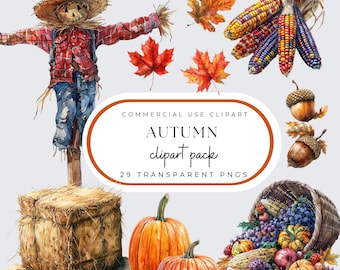 Watercolor Autumn Clipart: Pumpkins, Scarecrow, Acorns (PNG Digital Download)