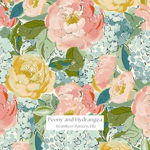 May include: Seamless pattern tile featuring a floral design with peonies and hydrangeas. The flowers are in shades of pink, yellow, and blue, with green leaves. The text "Peony and Hydrangea Seamless Pattern Tile" is displayed.