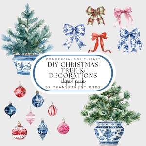 Weihnachtsbaum PNG, Bögen und Ornamente Clipart Pack, Aquarell Toile, Grand Millennial Style, Preppy, Blau und Weiß, kommerzielle Nutzung