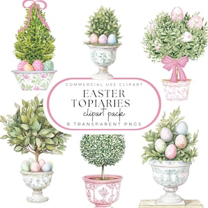 Paashout topiaries aquarel clipart | Chinoiserie-clipart voorjaarsvakantie | Grand Millennial-stijl | Preppy roze toile-paaseieren