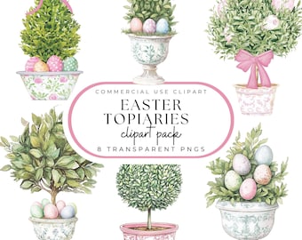 Puede incluir: Ocho ilustraciones de acuarela de topiarios de Pascua en varios estilos. Cada topiario presenta un arbusto verde con huevos de colores pastel y está en maceta en un recipiente decorativo.