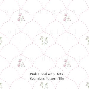 Papel digital floral botánico con delicado patrón floral rosa y lunares sin costuras para guardería y baby shower. Gran mosaico con patrón milenario.