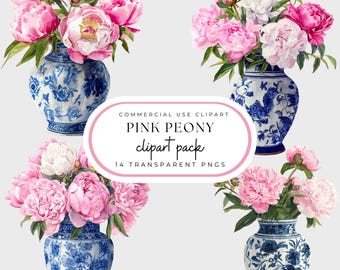 Pink Peony in Toile Vase Clipart: Watercolor Floral PNG Pack (Commercial Use)