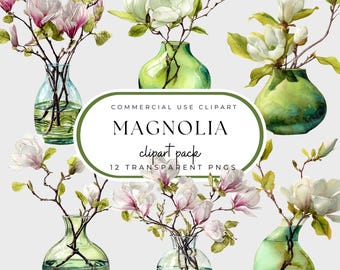 Floral Watercolor Clipart Pack: Magnolia Stem in Vase (Commercial Use)