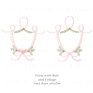 Crest with Bow and Foliage PNG, Chinoiserie Crest with Greenery, Watercolor Clipart, Grand Millennial Clipart , Wedding Crest PNG