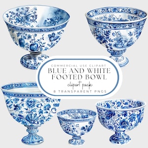 Blauwe en witte chinoiseriekom PNG, toile-clipart, aquarel, commercieel gebruik, bloemmotieven, Grand Millennial-stijl, scrapbooking
