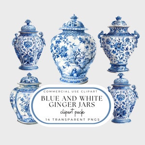 Ginger Jar PNG, chinoiserie, clipartpakket, blauwe en witte aquarel toile, Grand Millennial-stijl, commercieel gebruik