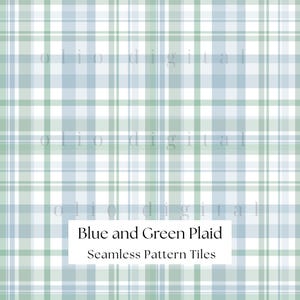 May include: A seamless plaid pattern in shades of blue, green, and white. The design features intersecting vertical and horizontal lines, creating a classic plaid effect. The text "Blue and Green Plaid Seamless Pattern Tiles" is displayed in a white rectangle.