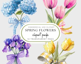Spring Flowers Clipart Pack - Watercolor Tulips, Iris & Hydrangeas with Gingham Bows - Commercial Use PNGs