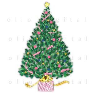 May include: A stylized Christmas tree illustration with green leaves, decorated with pink and blue ornaments, pink ribbons, and a gold star on top. A gold ribbon and a pink and white striped gift box are at the base of the tree. The overall theme is festive and holiday-related.