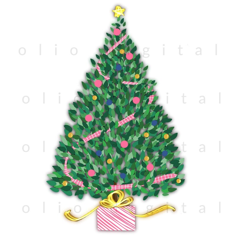 May include: A stylized Christmas tree illustration with green leaves, decorated with pink and blue ornaments, pink ribbons, and a gold star on top. A gold ribbon and a pink and white striped gift box are at the base of the tree. The overall theme is festive and holiday-related.