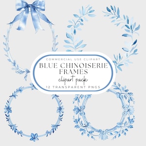 Chinoiserie cadre PNG, Pack de cliparts, cadres bleus aquarelles, Style Grand millénaire, BCBG, Faire-parts baby shower, usage Commercial