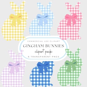 May include: Six gingham bunny silhouettes in various colours, including yellow, blue, pink, purple, blue, and green. Each bunny has a bow in a contrasting colour. The text "Gingham Bunnies clipart pack 6 transparent PNGs" is displayed below the bunnies.