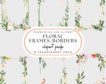 May include: Eight watercolor floral frames and borders with a light gray background. The frames are square and feature various floral arrangements in shades of pink, white, and green. The text "COMMERCIAL USE CLIPART FLORAL FRAMES/BORDERS clipart pack 8 TRANSPARENT PNGS" is displayed in a pink circle.