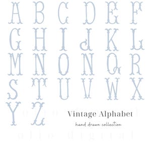 Vintage alfabet handgetekende clipart, blauwe kalligrafie letters clipart, bruiloft en kuif monogram Grand millennial stijl, commercieel gebruik