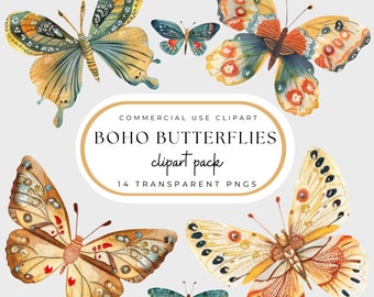 Può includere: Un set di 14 immagini clipart digitali di farfalle ad acquerello in vari colori e motivi. Le farfalle sono in stile boho e hanno un'atmosfera vintage. Il testo "BOHO BUTTERFLIES clipart pack 14 TRANSPARENT PNGS" è visualizzato su uno stendardo dorato.