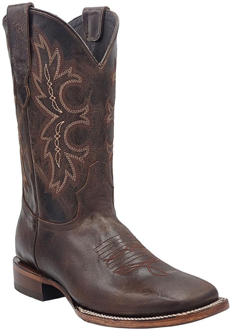 Men Genuine Leather Western Wide Square Toe Brown Boots - Handcrafted Quality immagine 1