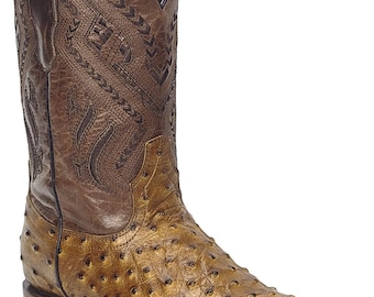 Men Ostrich Print Leather Handcrafted Western Wide Square Toe Honey Cowboy Boots