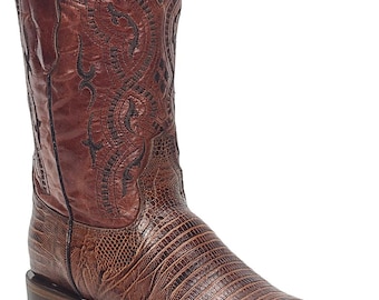 Men Lizard Print Genuine Leather Western Wide Square Toe Brick Red Boots