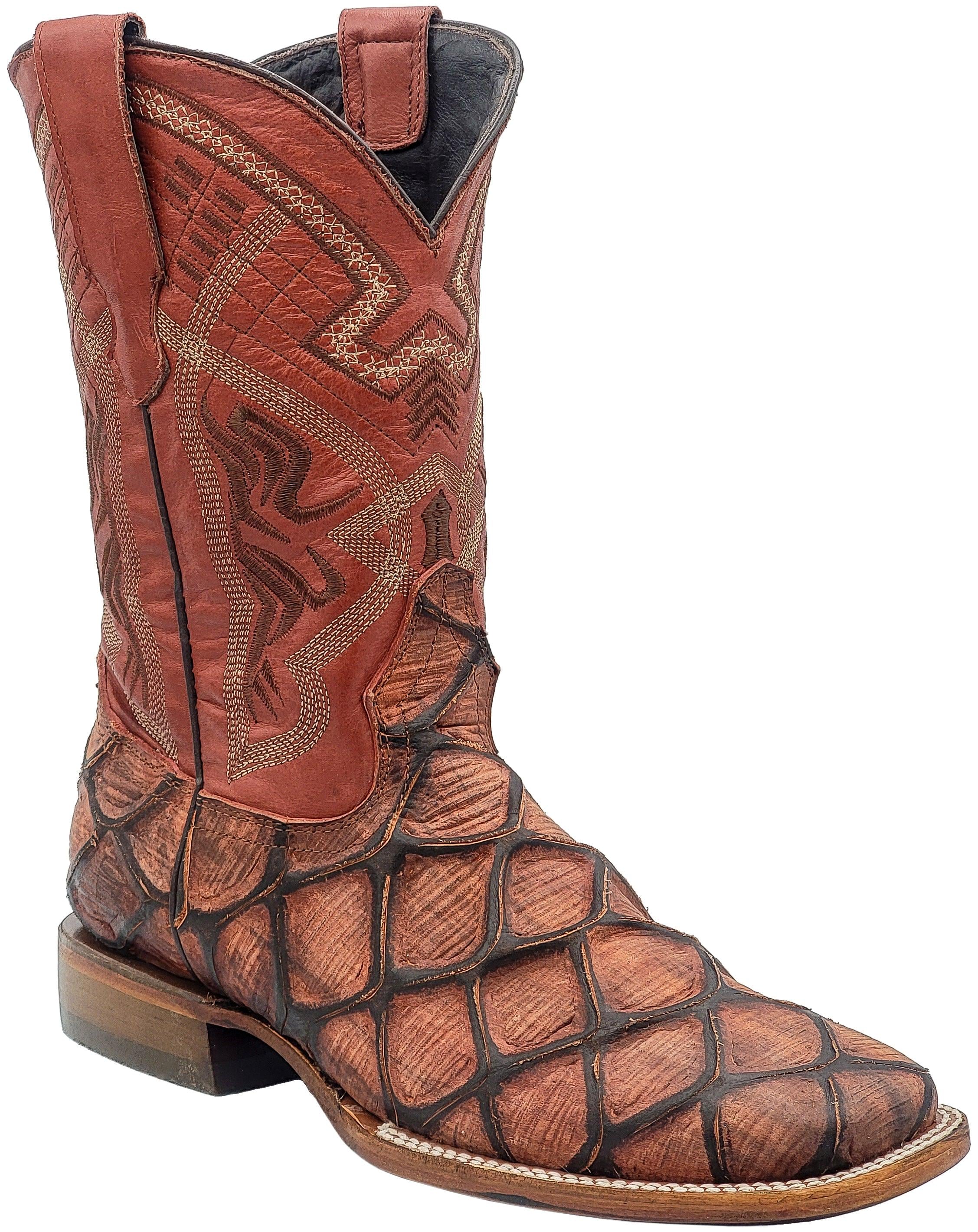 Men Pirarucu Print Leather Western Wide Square Toe Shedron Cowboy Boots