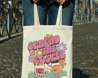 Christian Tote Bag, Spread the Gospel Bag Retro 80&#39;s Style, Reusable Canvas Shopping Bag, Cute Beach Tote Love Like Jesus Faith Gift for Her